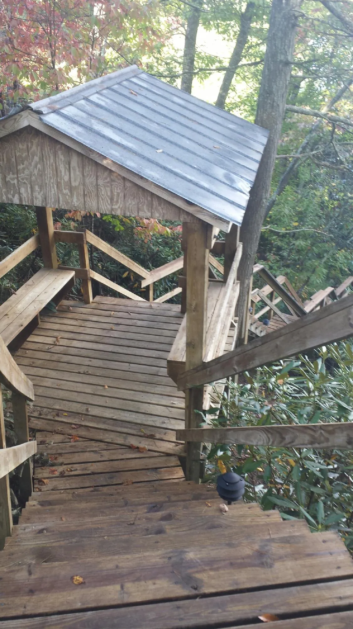 Metal roofed shelter over wooden steps on a wooded walkway — Skylight Repair & Installation work by our crew in College Corner